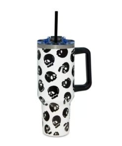 Cráneo / Skull Blanco y Negro Brilla en la Oscuridad Vaso Termico con Agarradera 40oz / 1.183lts